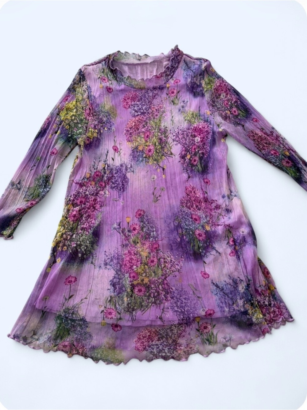 Fairycore Purple Floral Mesh Long Sleeve Tunic
